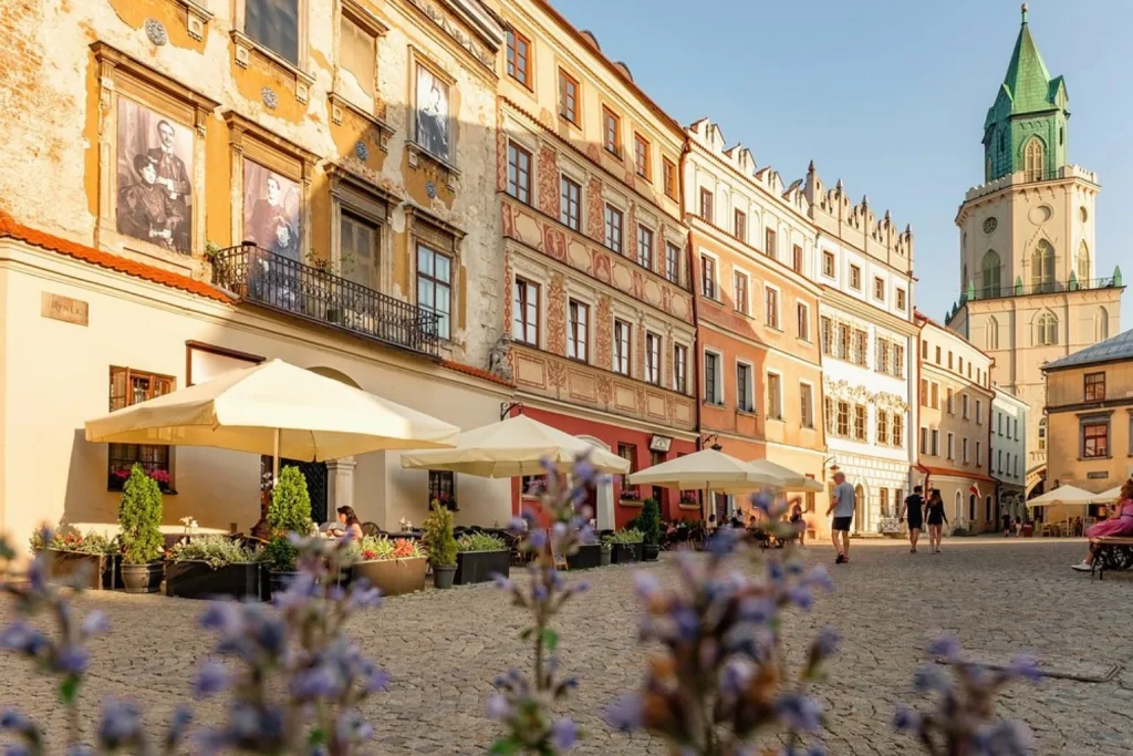 Historic Market Square with outdoor cafés near Rynek 10 Apartments in Lublin Old Town